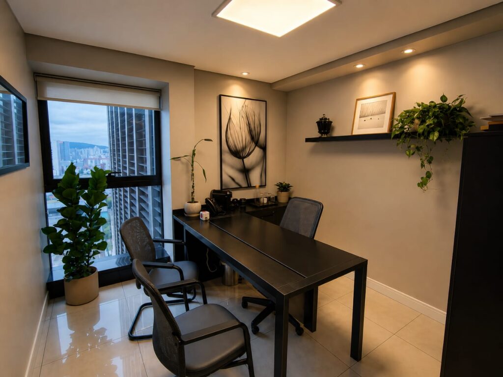 Sala privativa de atendimento da Office 424 com mesa e cadeiras